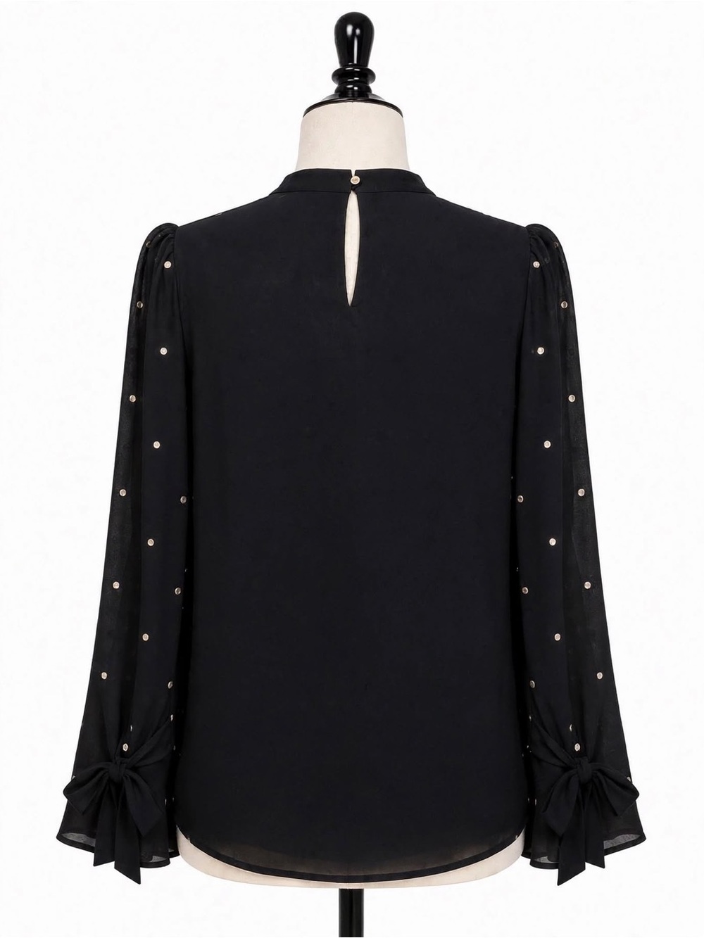 Ann Taylor Black Blouse Size S Gold Studs Front & Sleeves Tie Cuff Keyhole Back - Picture 2 of 13